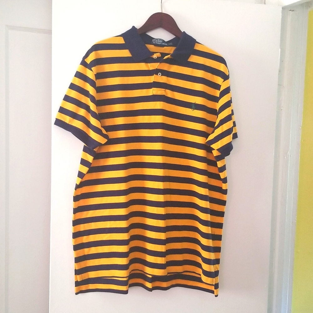 NWOT POLO by RALPH LAUREN Blue Yellow Striped Polo Shirt Short Sleeves MeN XXL - Picture 2 of 8